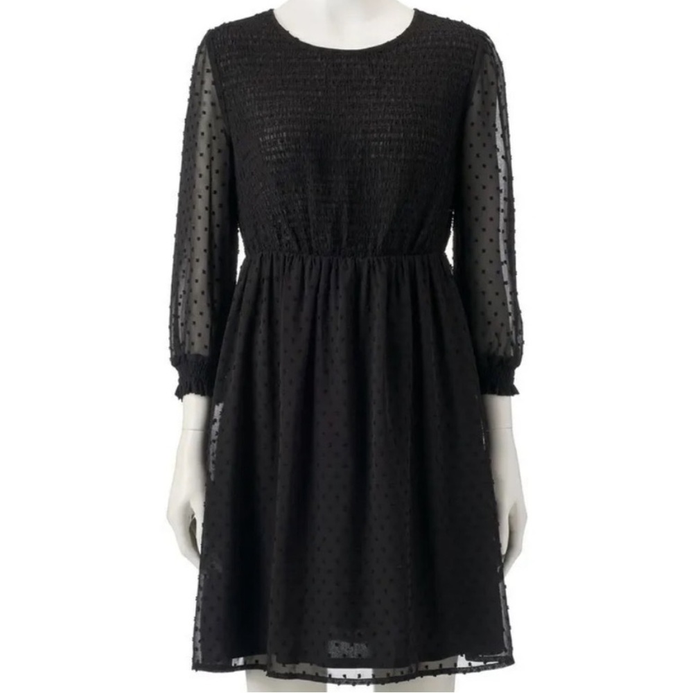 LC Lauren Conrad | Swiss Dot Fit & Flare Long Sleeve Dress Small Black XS NWT!